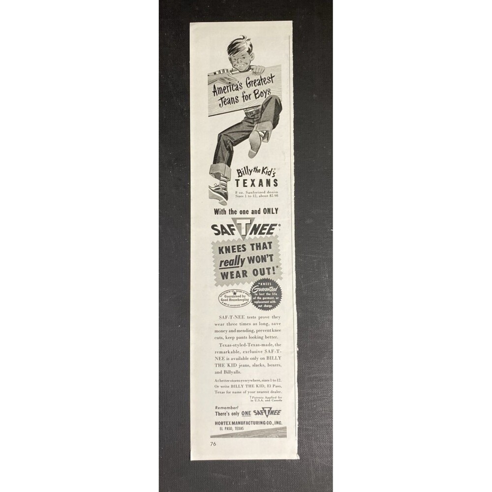 Billy the Kid TEXANS Jeans "SAF-T-NEE only on Billy the Kid Jeans" Print Ad 1951